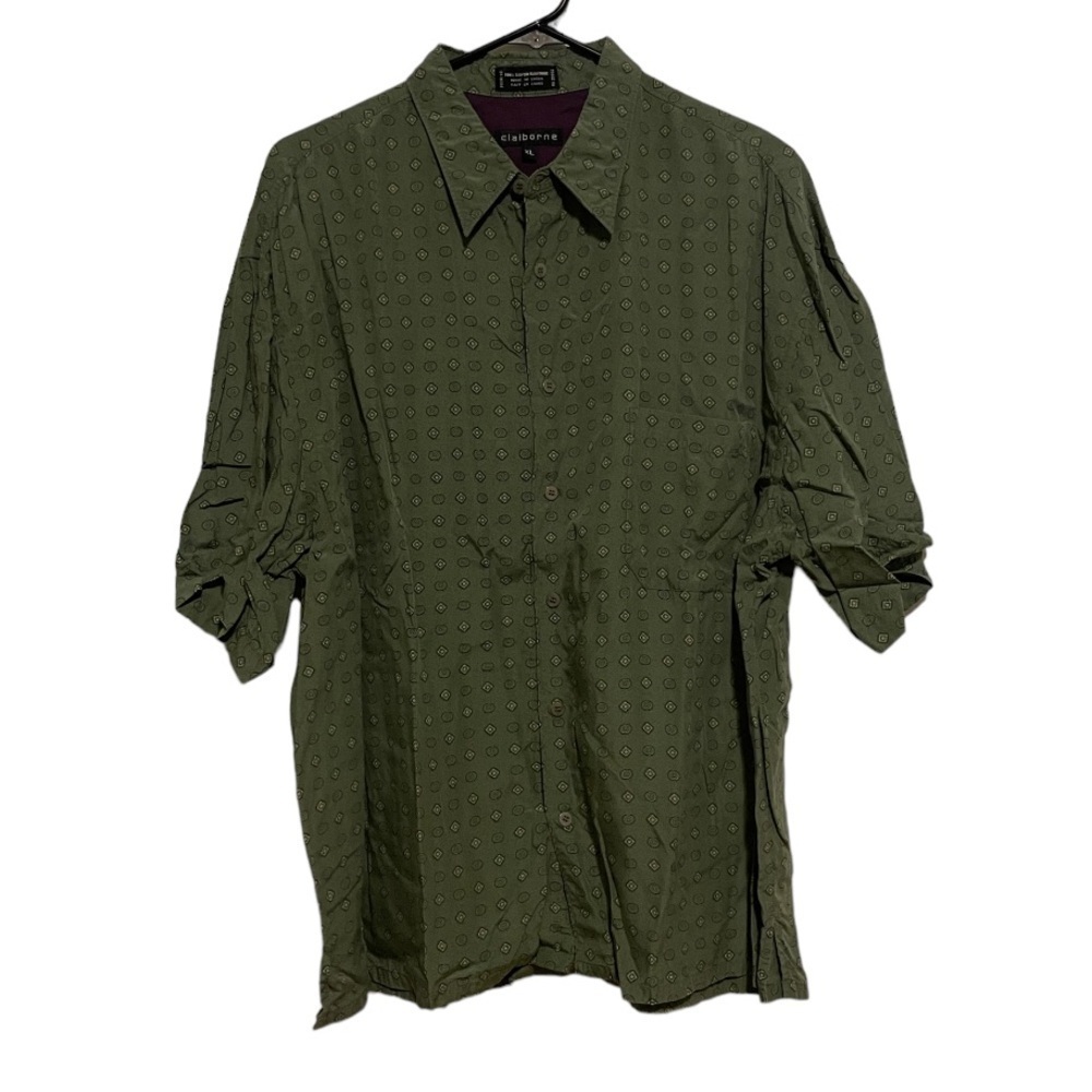 Men’s Claiborne Short Sleeve 100% Rayon Button Down Geometric Shirt Size XL